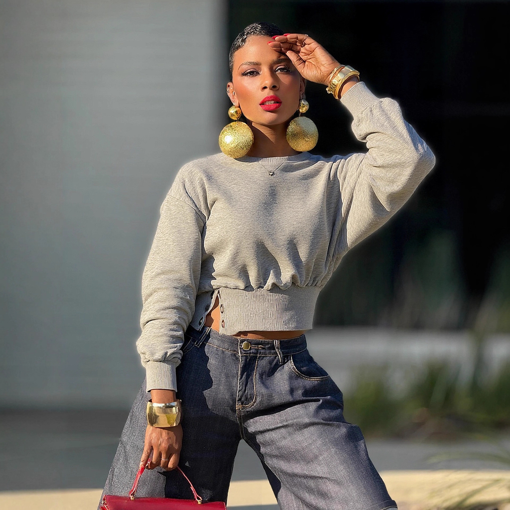 Short Crop Hoodie with Side Buttons, Waist Cinching, Round Neck